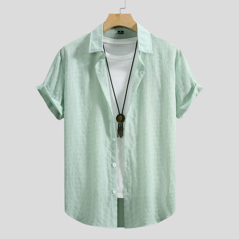 Men Textured Solid Turn Down Collar Short Sleeve Loose Casual Button Up Shirt S зелёный
