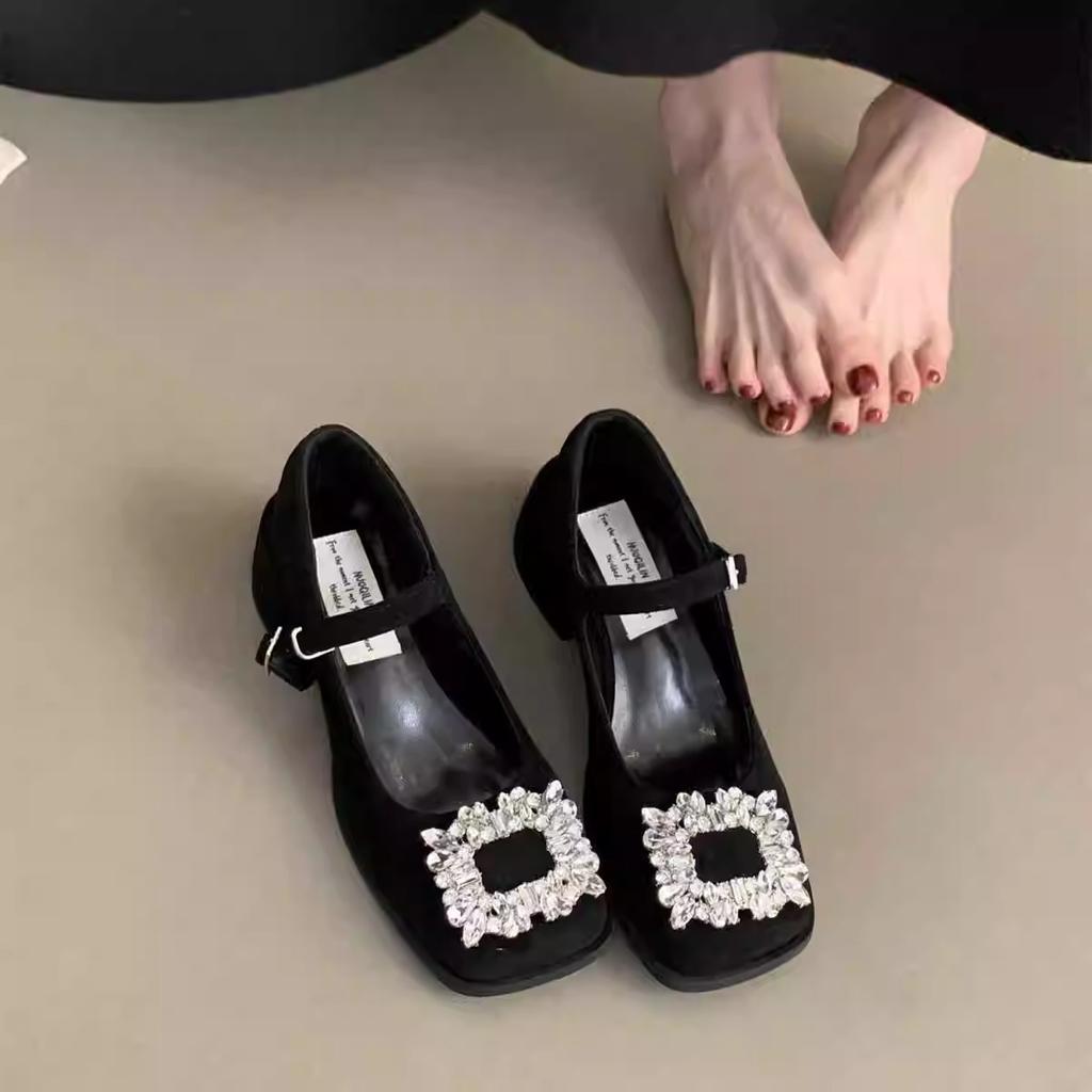 Premium Sense Small Fragrant Style Mary Jane Single Shoes French Rhinestone High Heels Retro Loafers Spring and Summer Korean Version Women's Shoes