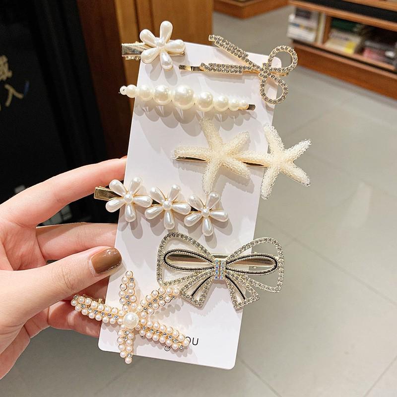 6-Piece Retro Korean Style Hair Clip Set with Bear, Pearl, Rhinestone, and Fairy Designs