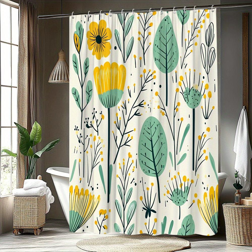 1Pc Floral Plant Pattern Shower Curtain Fresh And Natural Bathroom Decoration Polyester Fabric Contains 12 Hooks