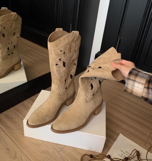 Rindslederversion~ Traubenmutter gleiche Spice Girl dicker Absatz spitz zulaufende Ritterstiefel Damen hohle Stickerei mittelhoher Schaft Western-Cowboystiefel