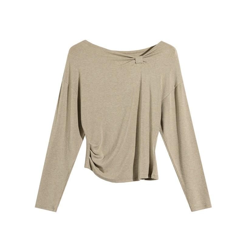 Womens Long Sleeve T-Shirt Irregular Bow Tie Design Solid Color Slim Fit Casual Top Daily Wear
