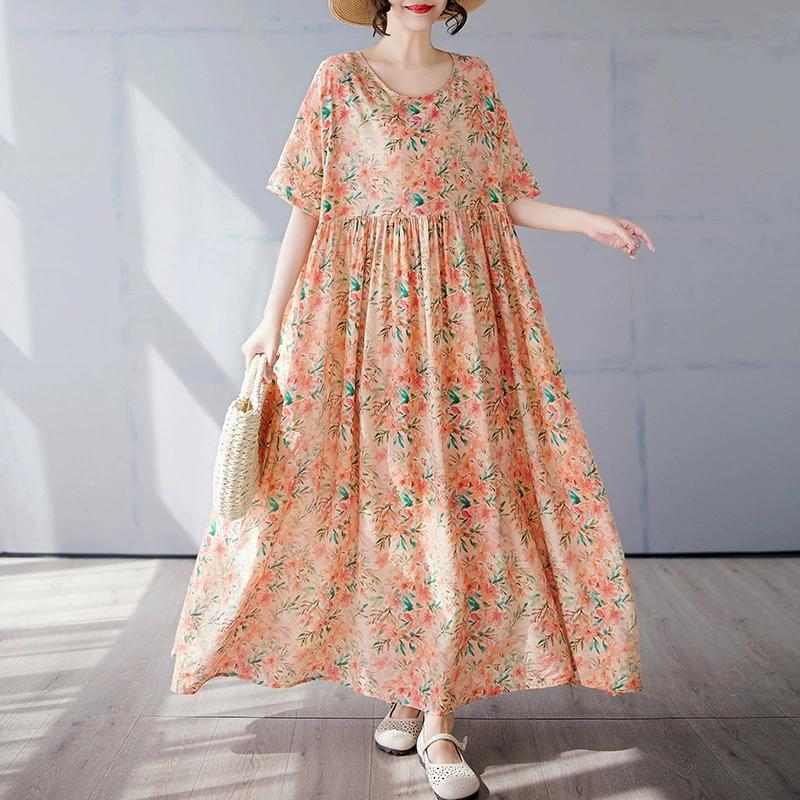 Plus Size Bohemian Print Maxi Long Dress for Women Floral Casual Cotton Linen Loose Vintage Vestidos Para Mujer Robe Dresses