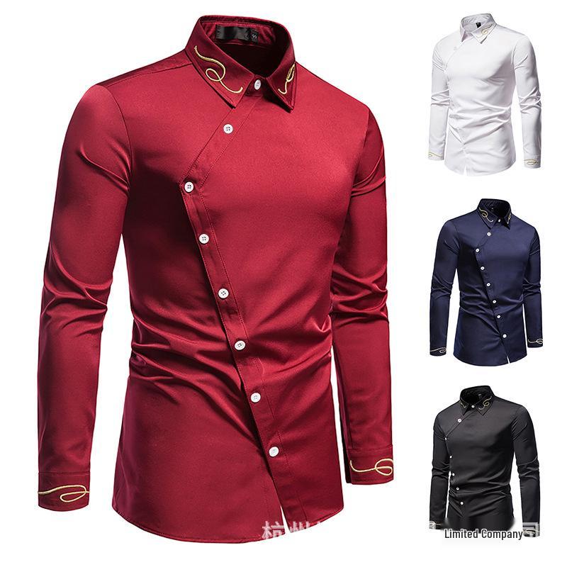 European Hollow-Out Asymmetrical Embroidered Men's Long Sleeve Western Shirt