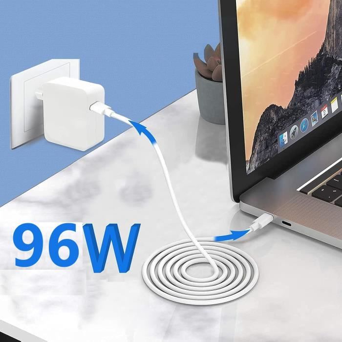 96W Mains Charger - Phonillico - USB-C for MacBook PRO/AIR - 2m USB-C Cable - Compatible 2016-2023