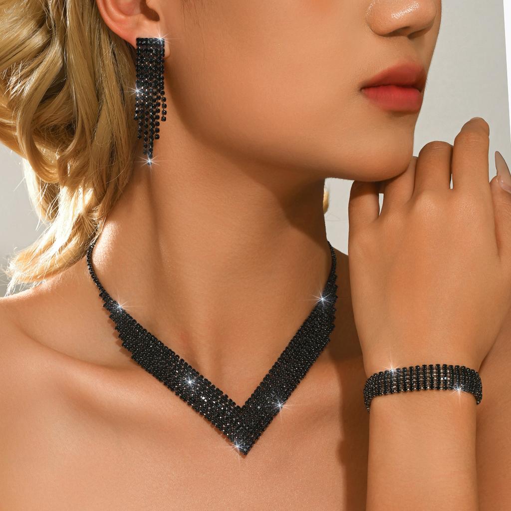 European and American fashion bridal wedding necklace, earrings, bracelet, ring set, cross-border rhinestone set