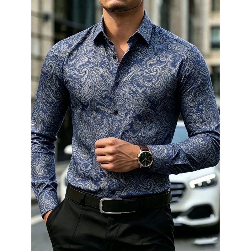 Men's Long Sleeved Cashew Flower Printed Shirt Slim Fit Lapel Shirt Retro Paisley Pattern Business Casual Top