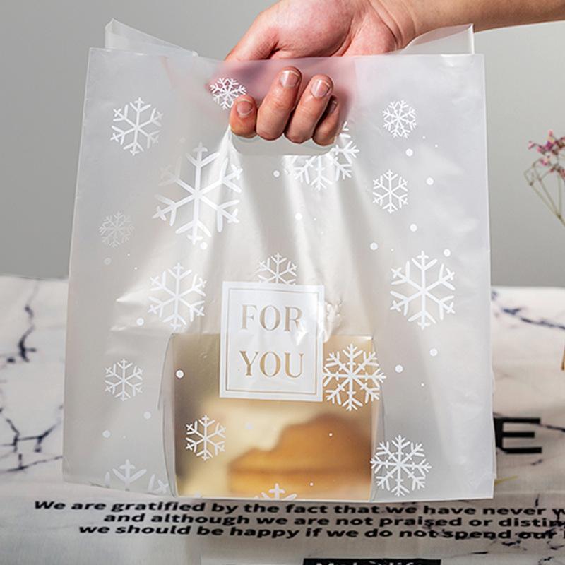 50Pcs Plastic Frosted Snowflake Pattern Coffee Bread Shop Bakery Cookies Pastry Nougat Food Takeaway Handbags Packaging Bags