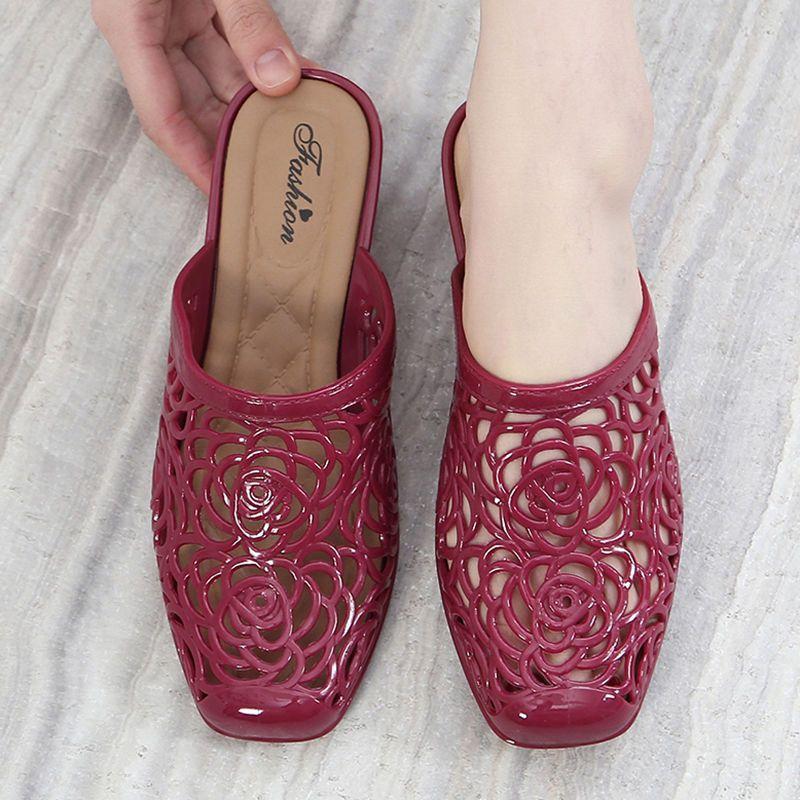 Outside Hollow Medium Heel Women's Slippers and Ladies Sandals On Beach Slides Casual Original Low Price Cheap Liquidation Shoes