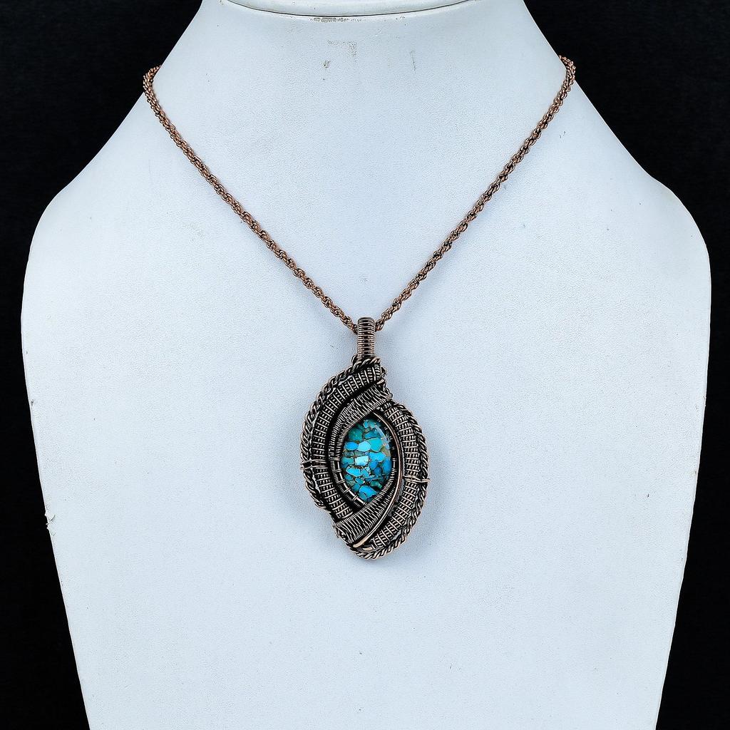 Blue Copper Turquoise Handmade Gemstone Pendant, 999 Copper Wire Wrapped Pendant Antique Jewelry, For Engagement Gift