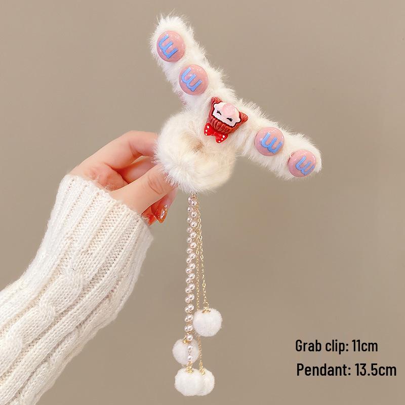 Korean Style Plush Bow Hair Clip with Tassel - Autumn/Winter Women's Hair Accessory