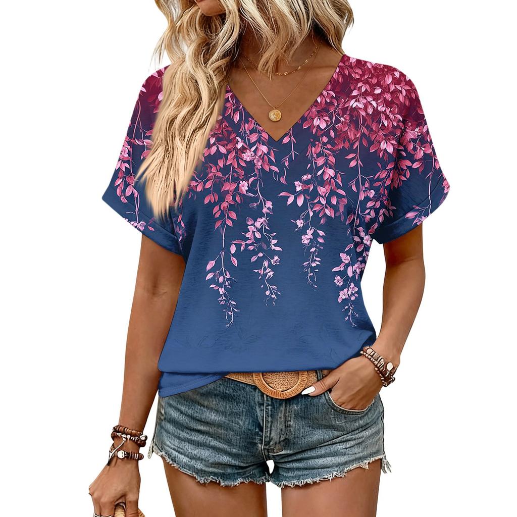 Damen Sommer Oberteile Kurzarm V-Ausschnitt Hemden Lässig Elegant Sommer Blusen Tunika Top