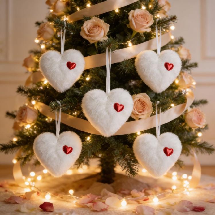Festival Rabbit Hair Ball Heart Ornament Feature Ribbon Hanging Adornment For Holiday Party And Home Decors Accent