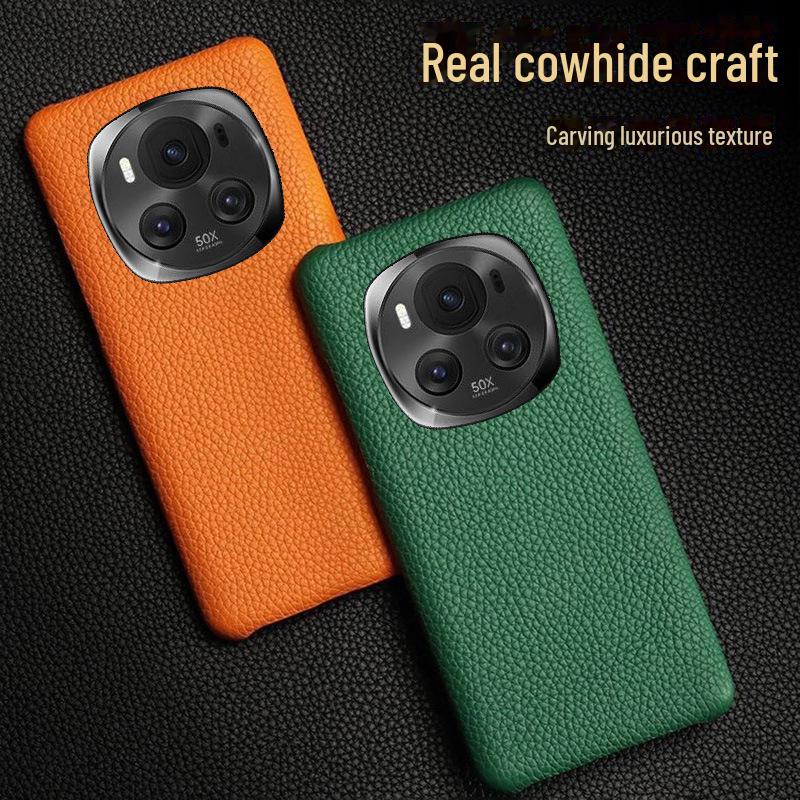 Genuine Leather Cowhide Lychee Pattern Protective Cover for Honor Magic 4 Pro Ultimate Edition