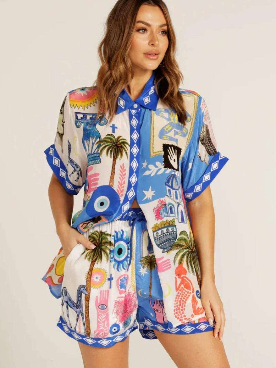 Summer New Fashion Women s Two Piece Street Style Casual Versatile Printed Collar Shirt Elastic Waist Shorts Set S
