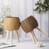 Rustic Rattan Planter With Wooden Legs Household Planter Pot Basket Wood Flower Basket For Indoor Plants Wood Flower Pots