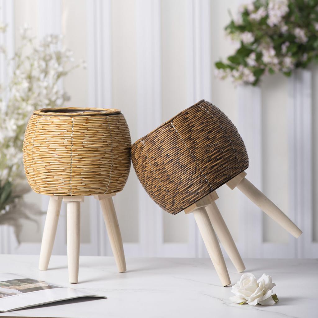 Rustic Rattan Planter With Wooden Legs Household Planter Pot Basket Wood Flower Basket For Indoor Plants Wood Flower Pots