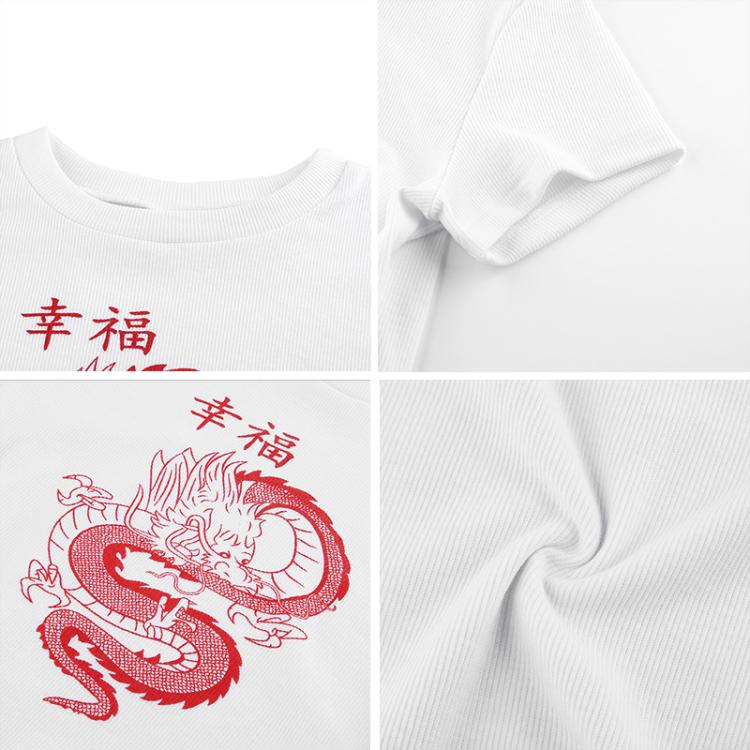 White Chinese Character Dragon Print T Shirt Women Bodycon Casual T-Shirt Femme Streetwear Tops