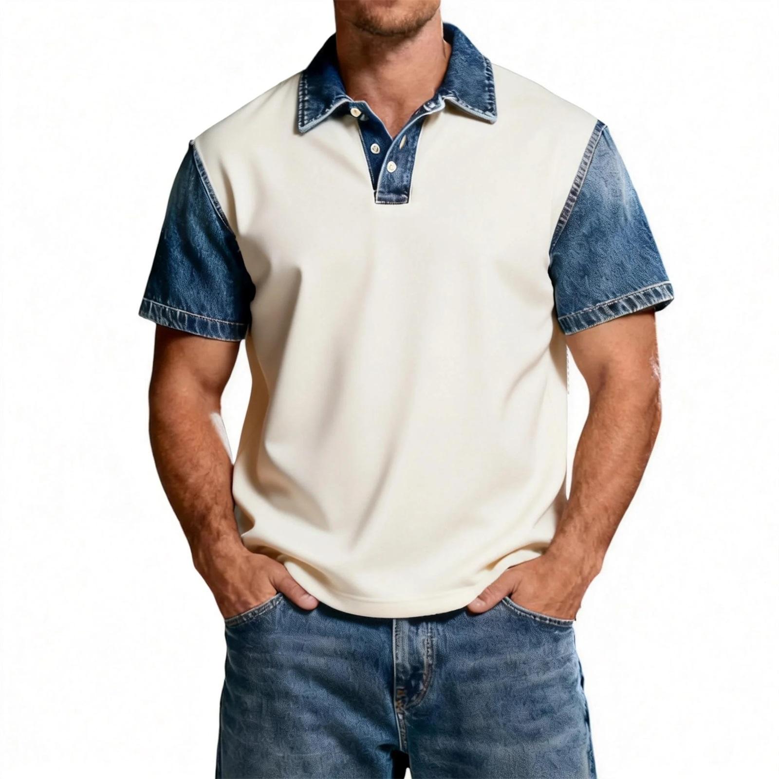 

Men s Denim Patchwork Shirt, Casual Short-sleeved Comfortable T-shirt, Fashionable For Spring And Summer. XL синій