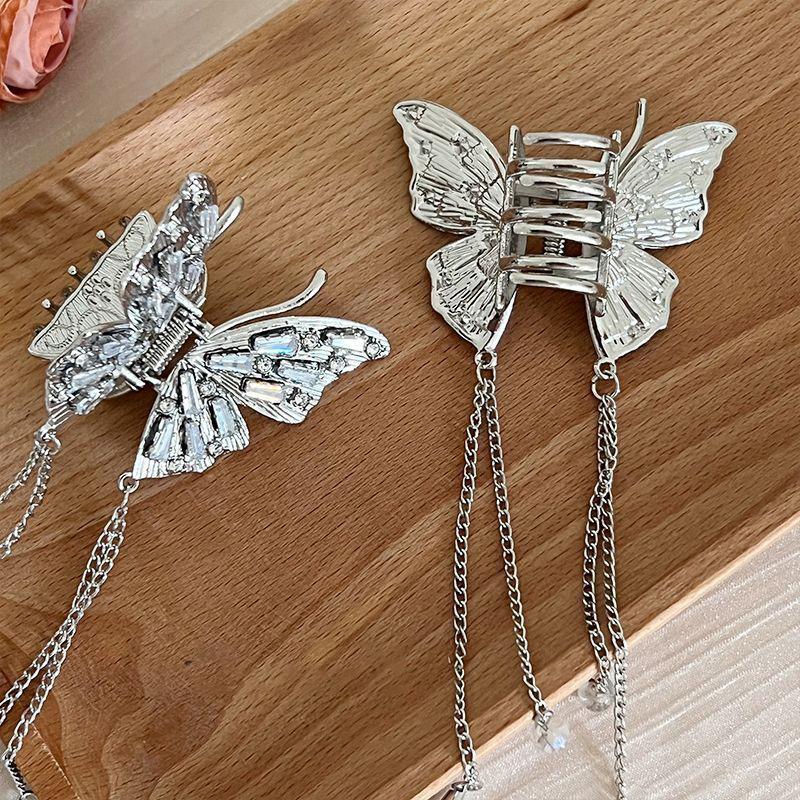 Shiny Rhinestones Butterfly Hair Claw Clips For Women Girl Vintage Long Chain Tassel Claw Clip New Chinese Style Accessories