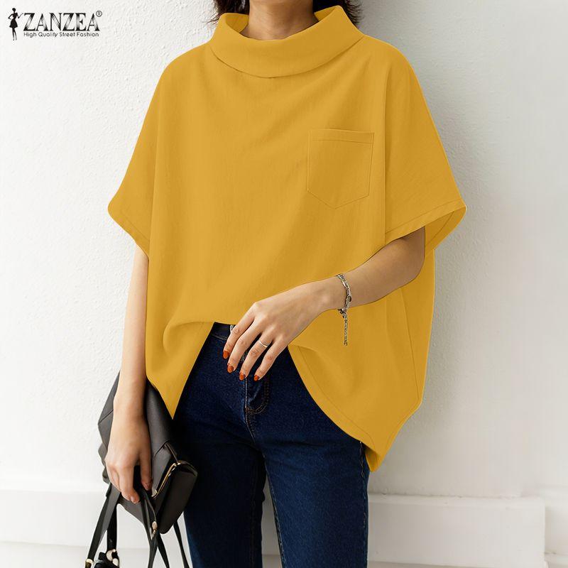 ZANZEA Women Loose Casual Stand Collar Summer Half Sleeve Blouse
