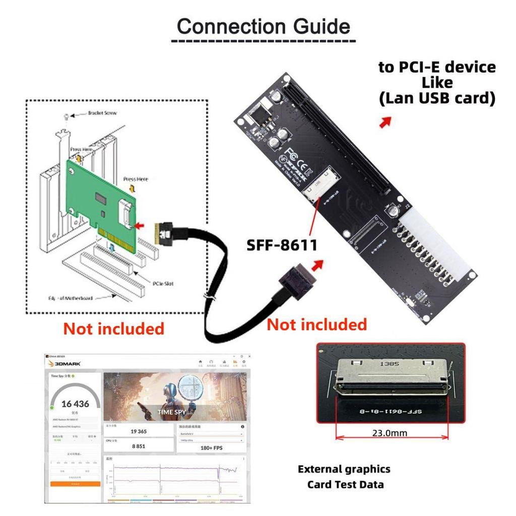 chenyang Oculink 8i to 16X PCI Express Expansion Card Adapter with ATX 24pin Power for External Graphics Card SSD SFF-8611/8612 PCI-E &