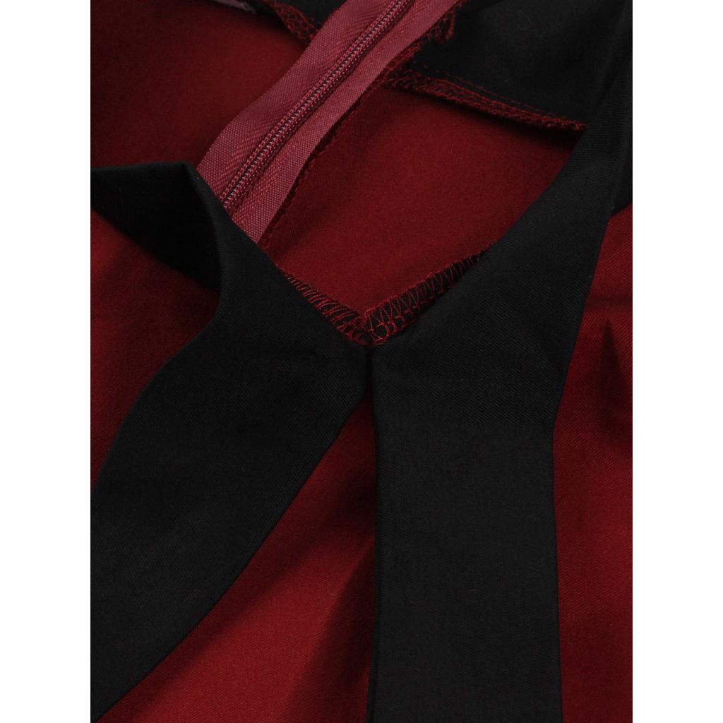 GMXIA Vintage Women's Bow Tie Tie Matching Wine Red Cotton Swing Mid-length Dress