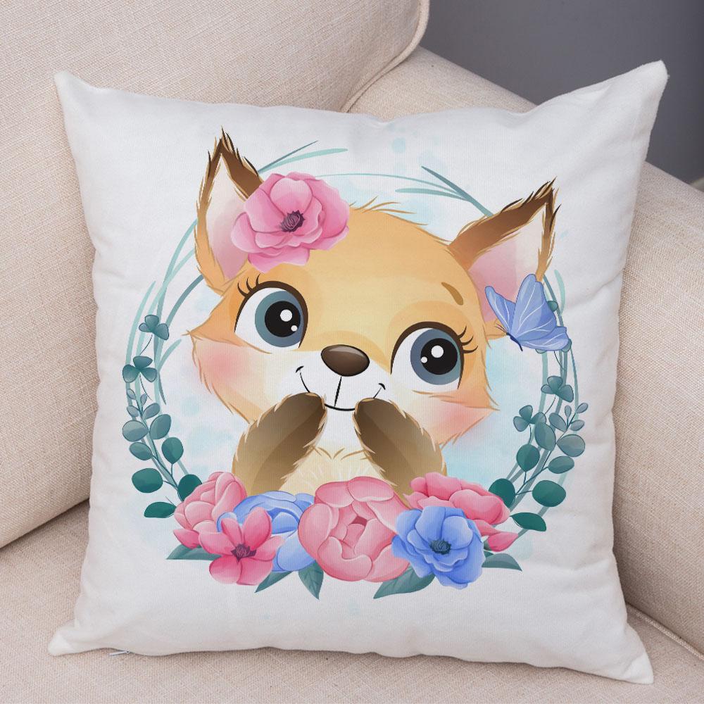 Cartoon Bird and Leaves Pillow Case Decor Cute Animal Lion Cushion Cover for Children Room Sofa Home Plush Pillowcase 45x45cm