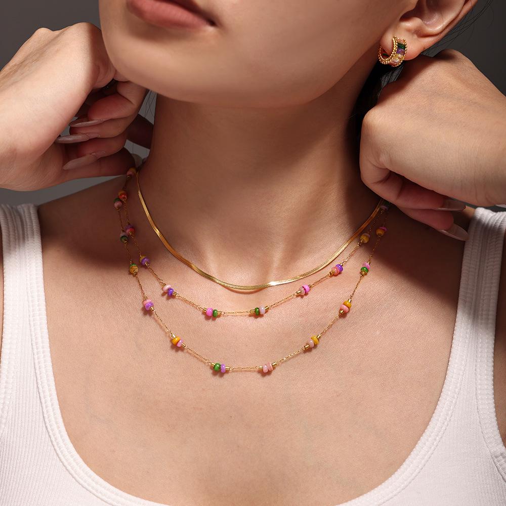 Qiong Yao Handmade Double Layer Stainless Steel Necklace with Colored Natural Stones for Women - Sweet, Light Luxury Feel