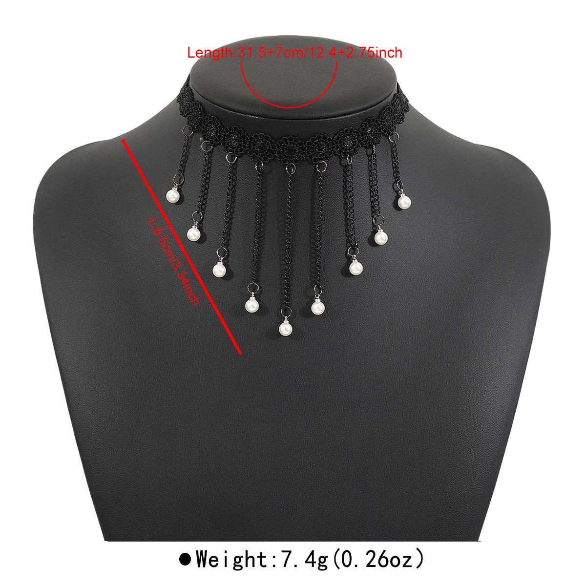 Темный ретро кружевной чокер с имитацией жемчуга, персонализированная металлическая цепочка, ожерелье с бахромой чёрный