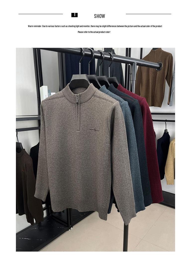 Men's Autumn/Winter Embroidered Knit Sweater: Zipper Stand Collar, Middle-aged Style, Fashionable & Thick, Versatile Warmth