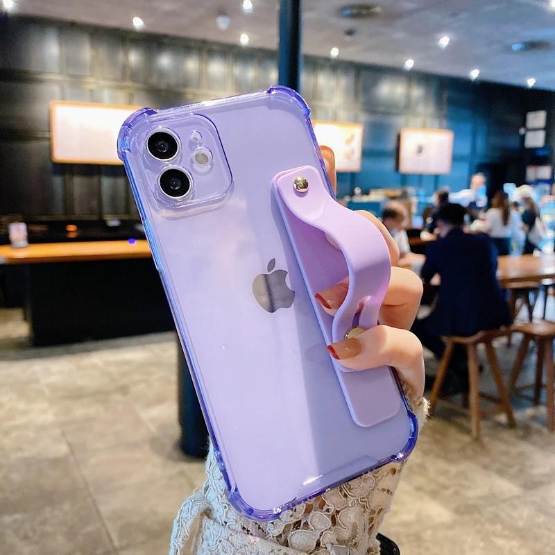 Soft Wrist Strap Phone Case For iPhone 11 12 13 14 15 16 17 Pro Max X XR Xs Max Plus Kickstand Transparent Bumper  Cover