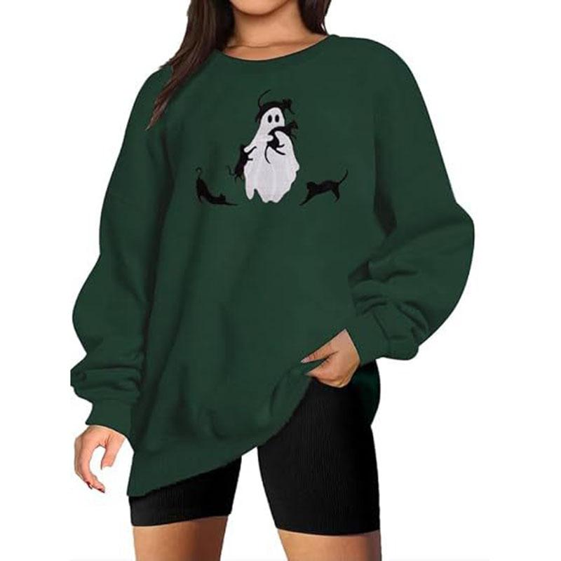 Hallowmas Ghost Print Long Sleeve Sweatshirt Women Crew Neck Oversized Pullover Top