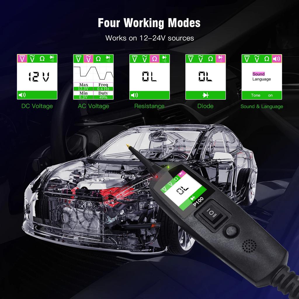P100 TopDiag P100 2m Car Electrical Circuit Tester Automotive Power Scan Probe Circuit Kit 12V24V Battery Tester Diagnostic Tool