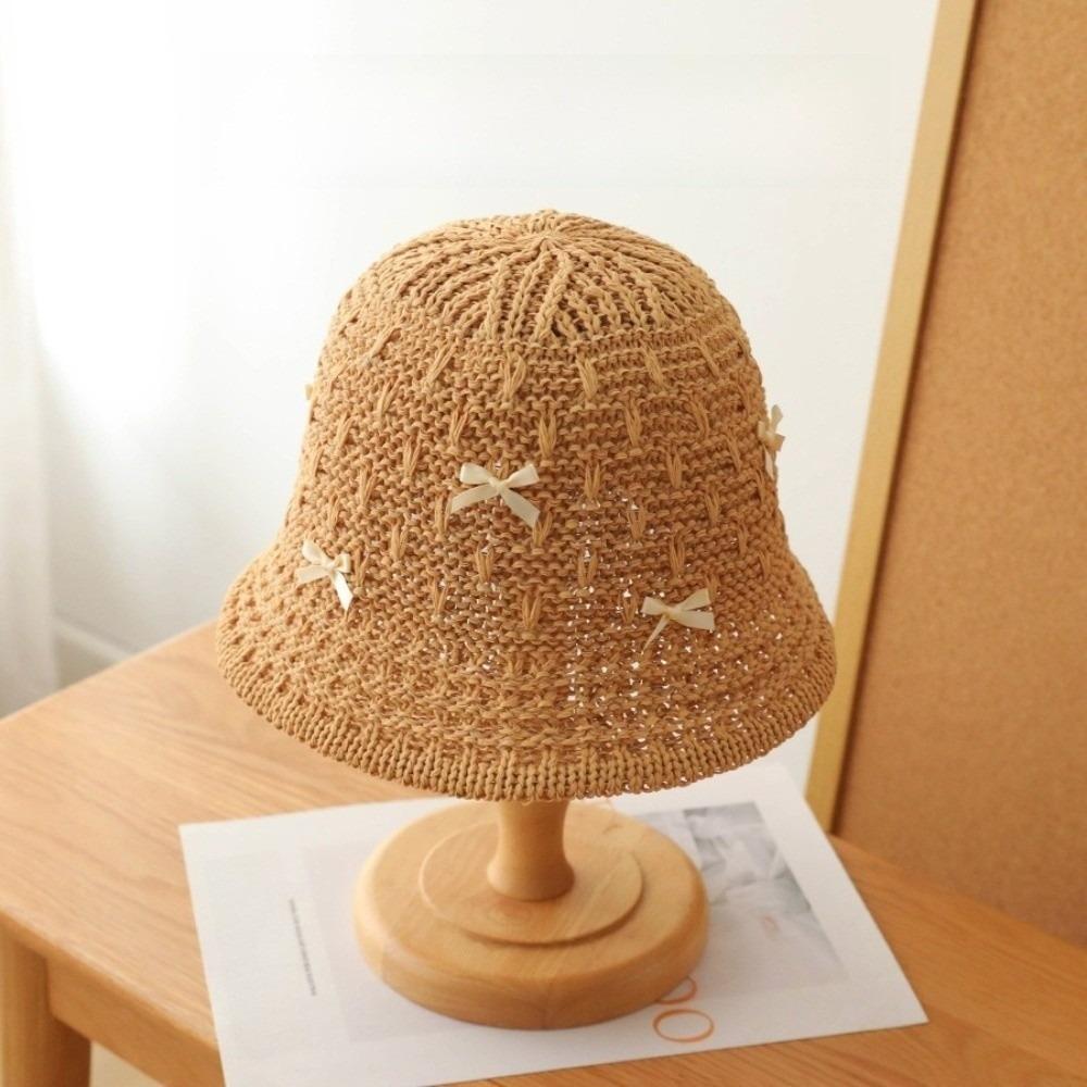 Portable Solid Color Women Fisherman Hat Weave Straw Bow Bucket Hat Wide Brim Korean Style Summer Sun Hat Hiking