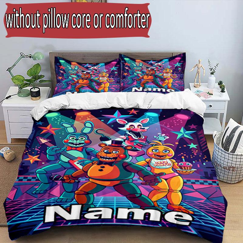 3'lü Nevresim Takımı (1*Nevresim Kılıfı + 2*Yastık Kılıfı, Çekirdeksiz), Özel İsimli Five Nights at Freddy's Desenli Nevresim Takımı, Ev Yatak Odası Dekorasyonu Hediye
