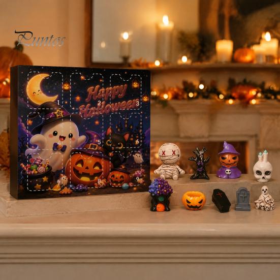 Halloween Home Table Decor Advent Calendar with 9 Mini Resin Figures, Day Spooky Countdown Decorative Figures for Windows To Calendar, Surprise