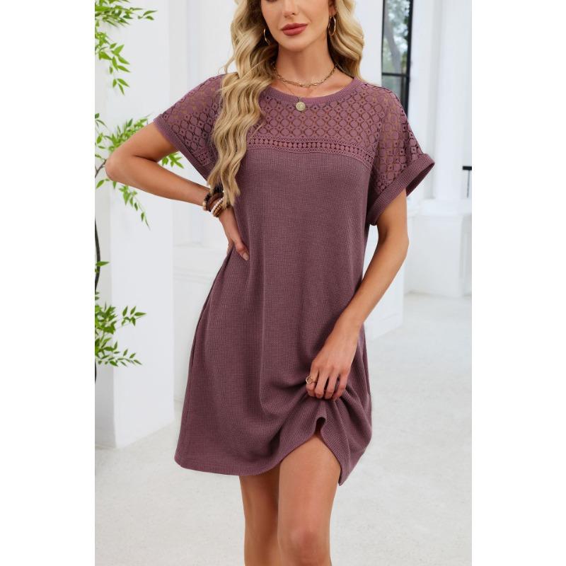 Spring/Summer Lace Splicing Loose Short Sleeve Dress New Solid Color Sweet A-line Dresses Round Neck Elegant Solid Color Casual Simple Party Clothing