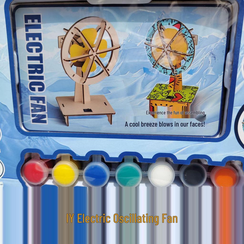 Handmade DIY Electric Shaking Head Fan: Children's Educational 3D Wooden Coloring Toy and Model Kit Set.