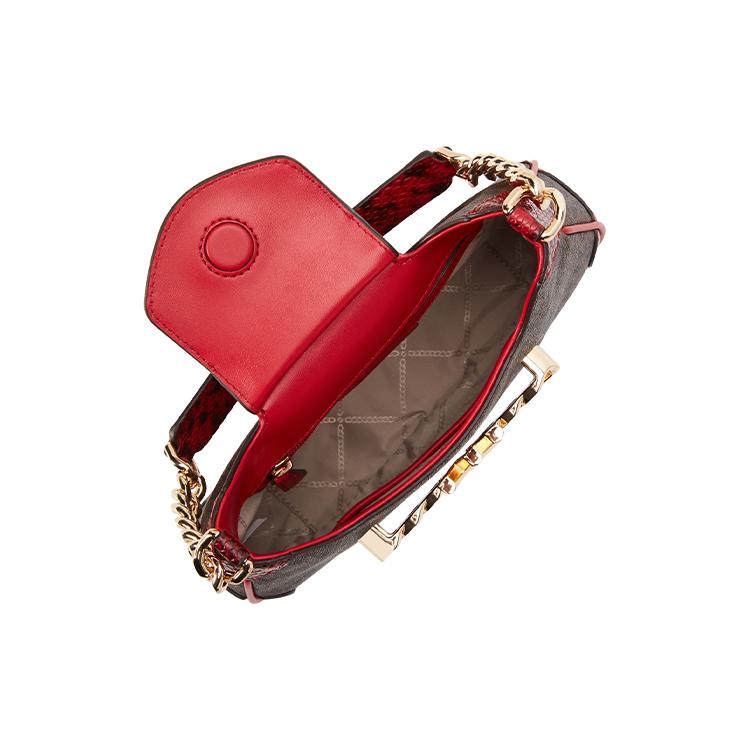 New MICHAEL KORS Hally Cow Leather With Artificial Leather Handbag, Shoulder Bag Women's Dark Brown/Red 30H1G2HL0E-602