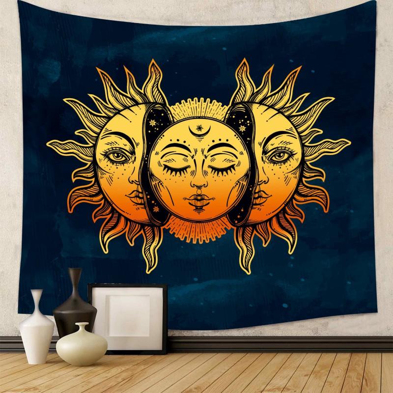 Boho Chic Wall Tapestry With Moon Phase Floral Starry Sky Design Bedroom Yoga Studio Decor