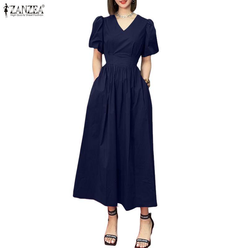 ZANZEA Lässiges Sommerkleid mit V-Ausschnitt und kurzen Ärmeln für Damen
