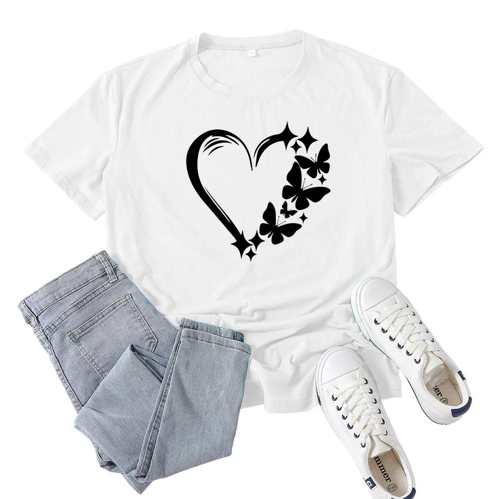 Butterfly Heart Print T Shirt Women Short Sleeve O Neck Loose Tshirt Summer Women Tee Shirt Tops Camisetas Mujer