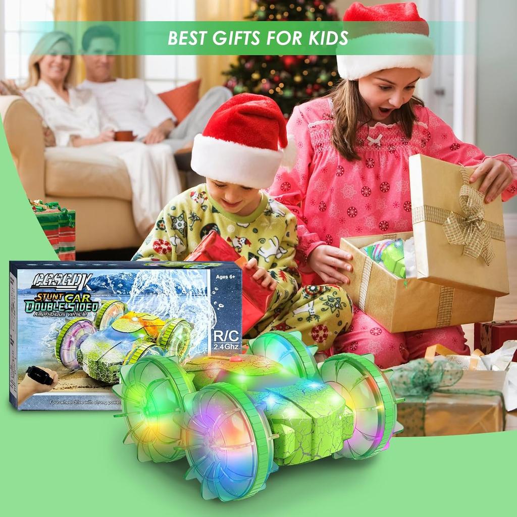 Amphibious RC Car with Lights for Kids 6-12 Year Old,2.4 GHz Remote Control Boat RC Monster Truck 4WD Vehicle Gifts,Waterproof Hand Controlled Boat