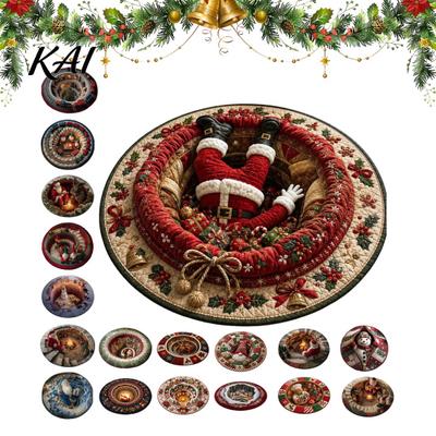 Indoor Christmas Rug 3D Round Rug, Optical Illusion Santa Claus Area 39 Holiday Decorative Inch Quilted-Like Floor Mat for Living Room Bedroom