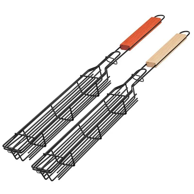 1pcs Outdoor Camping Barbecue Cage With Wooden Handle, Stainless Steel Rolling Barbecue Rack, Picnic Charcoal Barbecue Tools