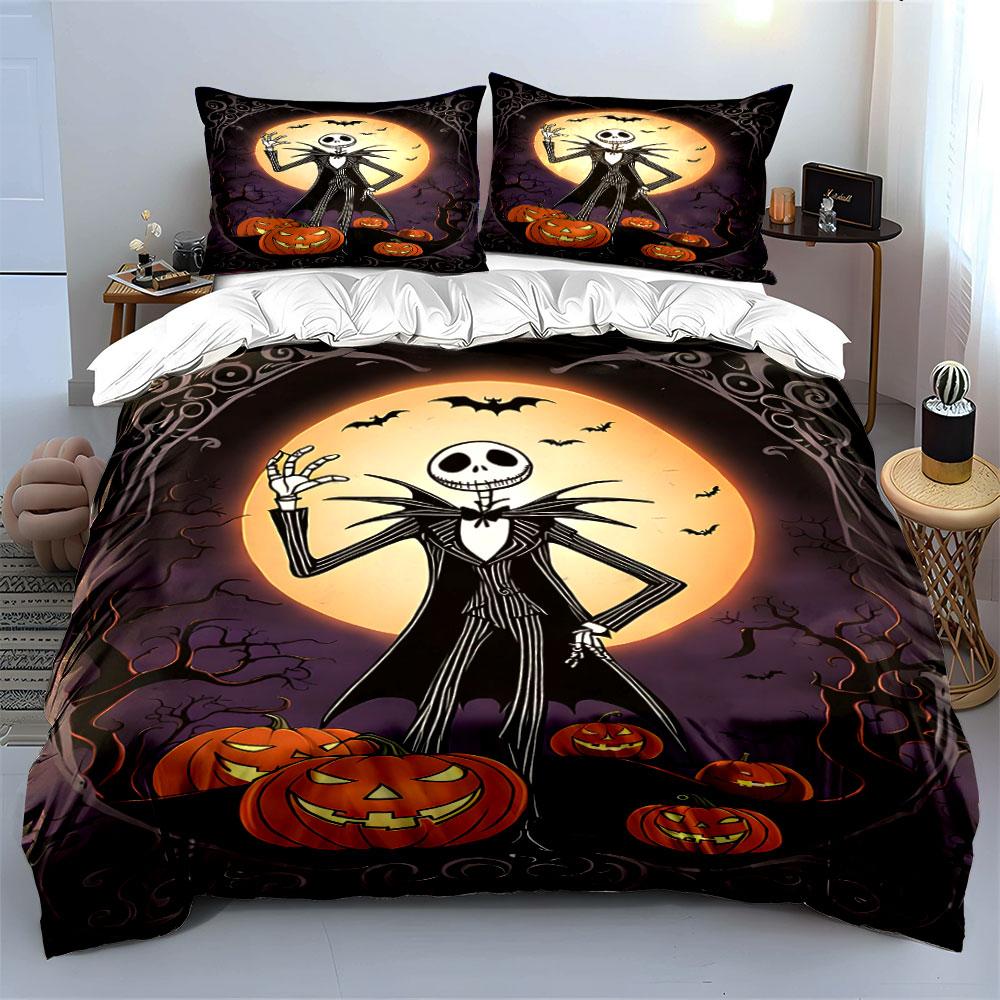 Halloween Skeleton and Pumpkins Bedding Duvet Cover Set Duvet Cover Pillowcases  (1*Duvet Cover 2*Pillowcases, Without Duvet Insert)