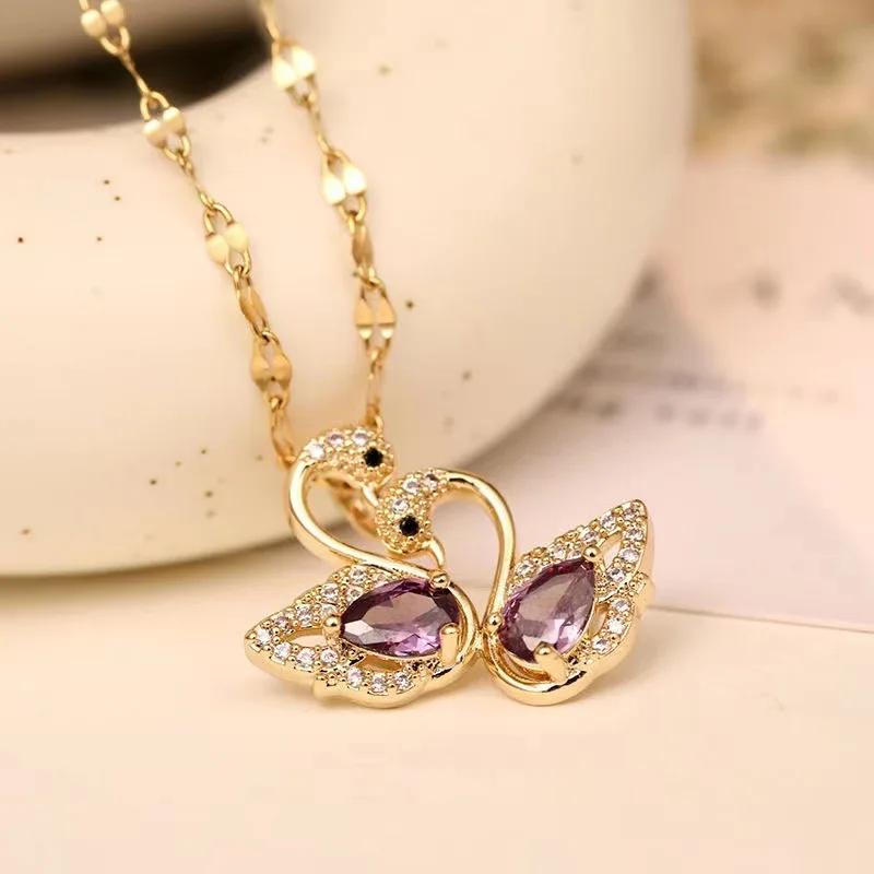 

Luxury Brand Purple Crystal Swan Pendant Necklace for Women Charm Fashion Stainless Steel Bride Collar Zircon Gift Colorfast золотой