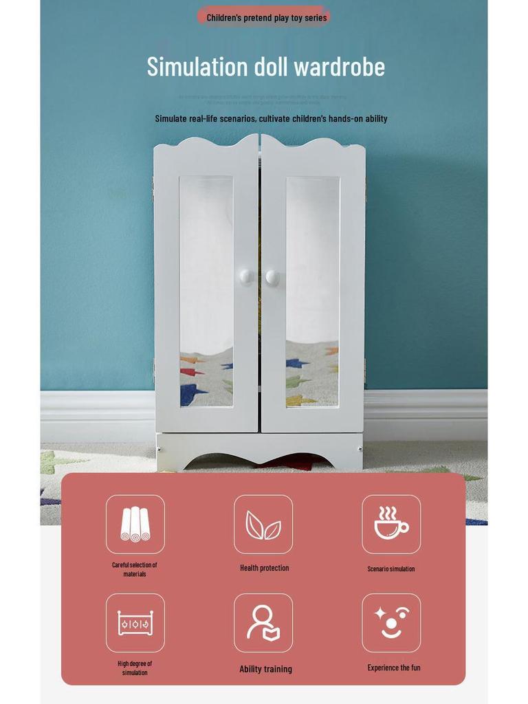 Double Door Wooden Doll Wardrobe - Fun Educational Toy for Girls