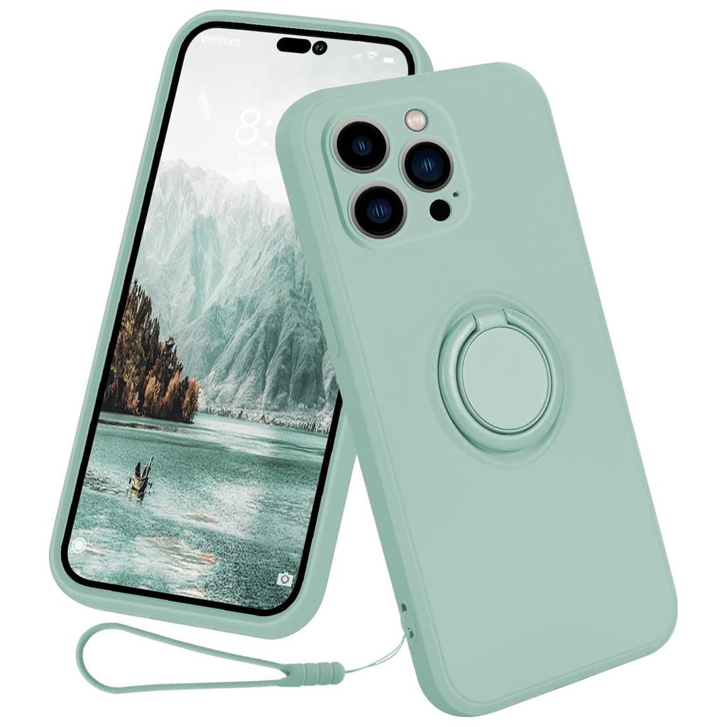 For iPhone 15 Pro Ring Kickstand Case Liquid Silicone Anti-scratch Phone Cover with Wrist Rope